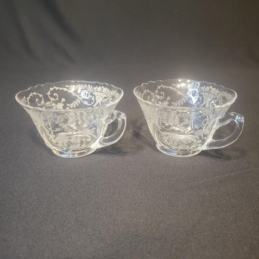 Two (2) Cambridge Portia Tea Cups Handled Etched Elegant Glass Art Deco Regency